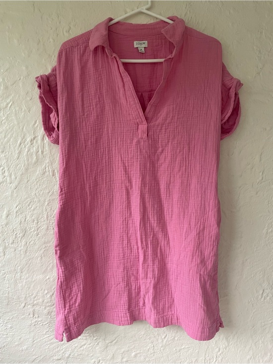 J. Crew Dresses & Skirts - J Crew pink cotton gauze popover short-sleeve shirt dress, v-neck, pockets; M